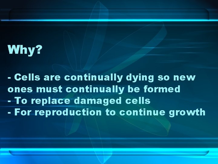 Why? - Cells are continually dying so new ones must continually be formed -