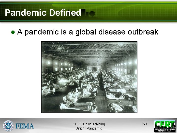 Pandemic Defined ● A pandemic is a global disease outbreak CERT Basic Training Unit