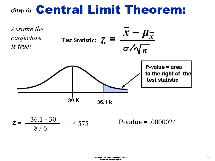 (Step 6) Central Limit Theorem: Assume the conjecture is true! Test Statistic: z= x