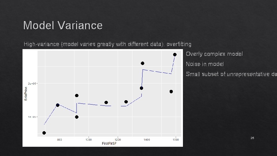 Model Variance High-variance (model varies greatly with different data), overfitting Overly complex model Noise