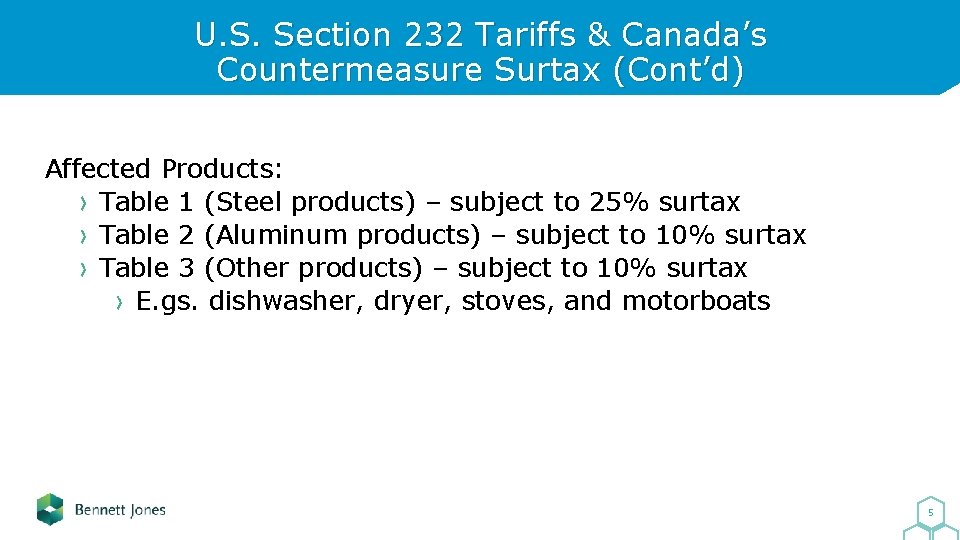 U. S. Section 232 Tariffs & Canada’s Countermeasure Surtax (Cont’d) Affected Products: Table 1