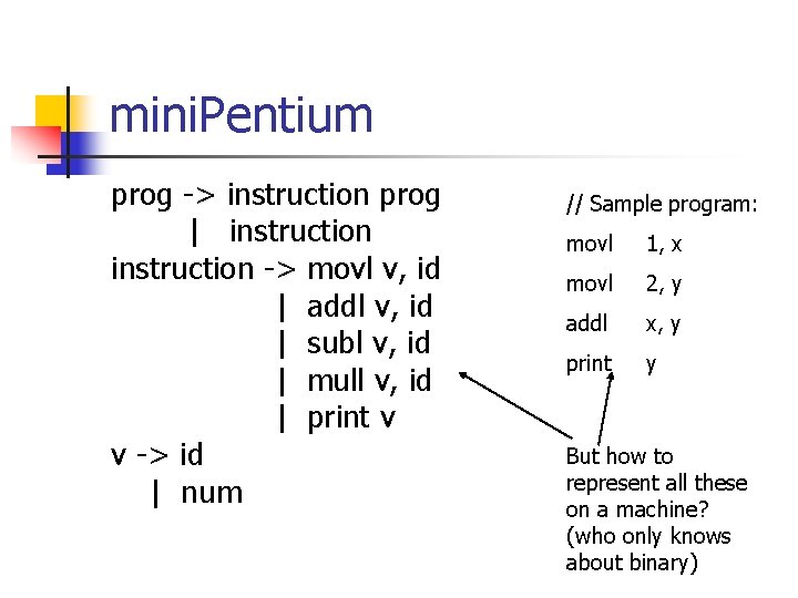 mini. Pentium prog -> instruction prog | instruction -> movl v, id | addl