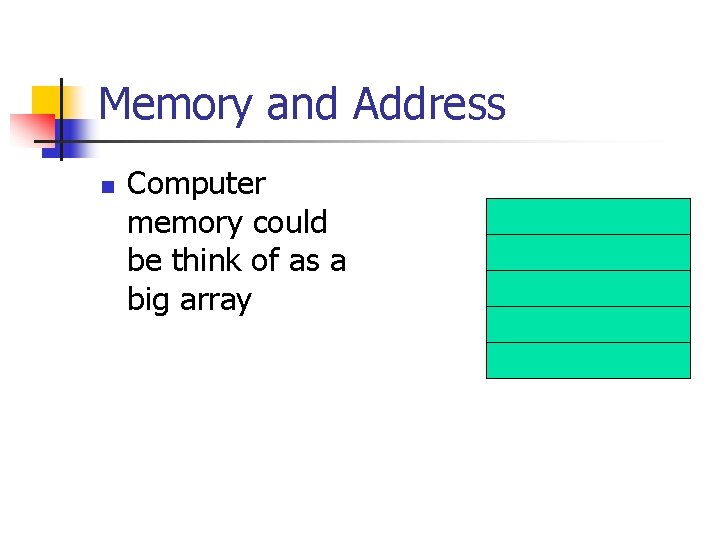 Memory and Address n Computer memory could be think of as a big array