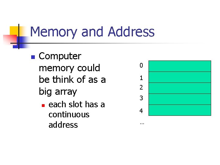 Memory and Address n Computer memory could be think of as a big array