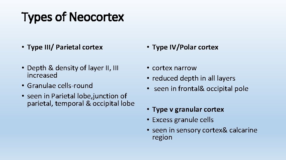 Types of Neocortex • Type III/ Parietal cortex • Type IV/Polar cortex • Depth