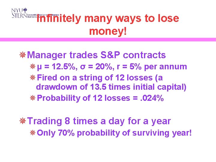 Infinitely many ways to lose money! ¯Manager trades S&P contracts ¯μ = 12. 5%,