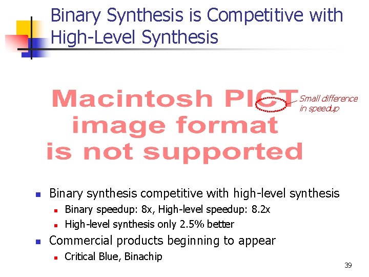Binary Synthesis is Competitive with High-Level Synthesis Small difference in speedup n Binary synthesis