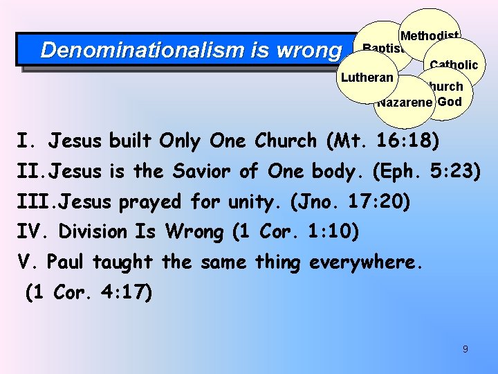 Methodist Baptist Catholic Lutheran Church of God Nazarene Denominationalism is wrong I. Jesus built