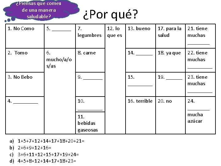 ¿Piensas que comes de una manera saludable? ¿Por qué? 1. No Como 5. _______ ¿Piensas que comes de una manera saludable? ¿Por qué? 1. No Como 5. _______