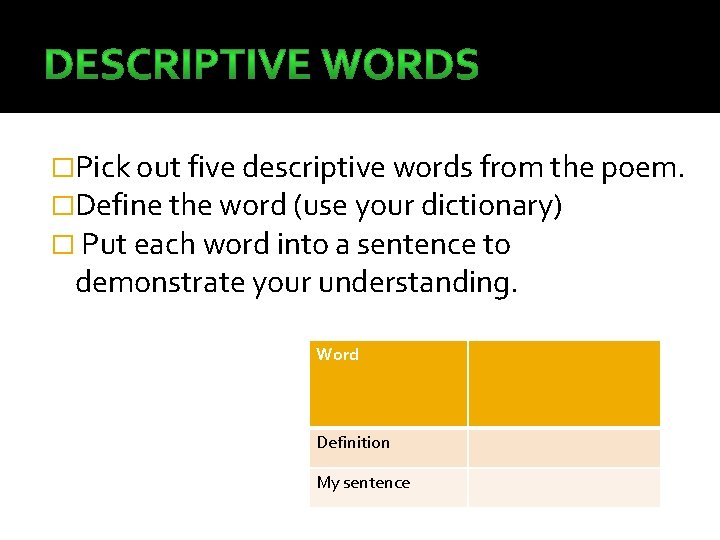 �Pick out five descriptive words from the poem. �Define the word (use your dictionary)