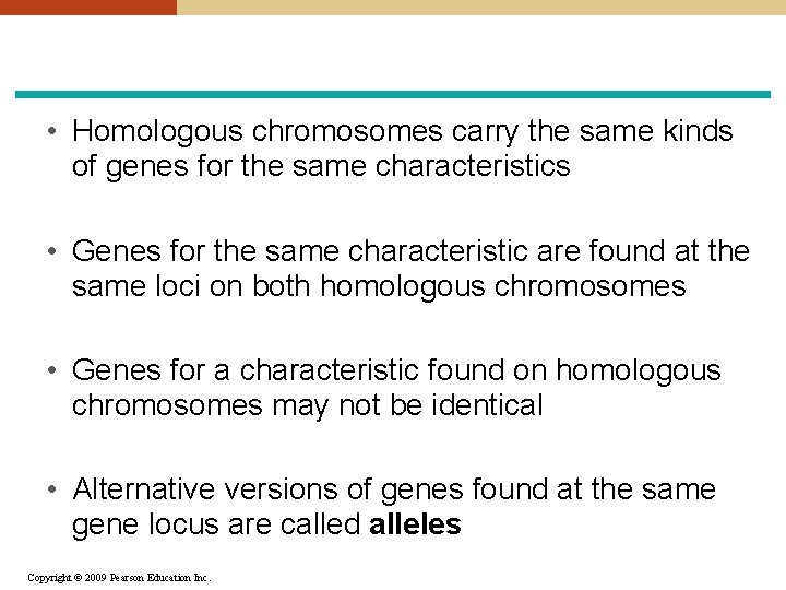  • Homologous chromosomes carry the same kinds of genes for the same characteristics