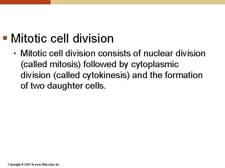 § Mitotic cell division • Mitotic cell division consists of nuclear division (called mitosis)