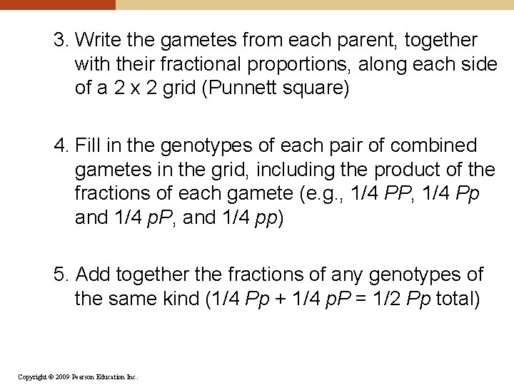 3. Write the gametes from each parent, together with their fractional proportions, along each