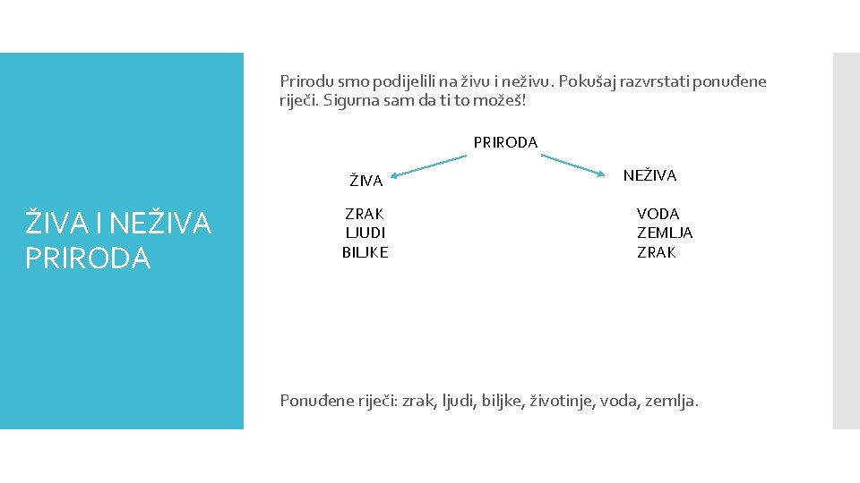 Prirodu smo podijelili na živu i neživu. Pokušaj razvrstati ponuđene riječi. Sigurna sam da