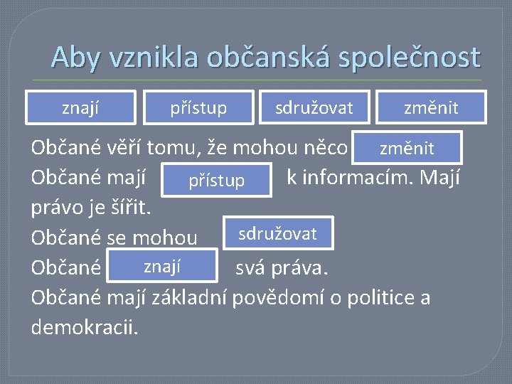 Aby vznikla občanská společnost znají přístup sdružovat změnit Občané věří tomu, že mohou něco