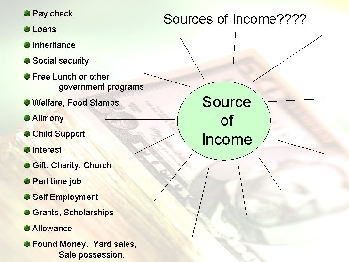 Pay check Loans Sources of Income? ? Inheritance Social security Free Lunch or other