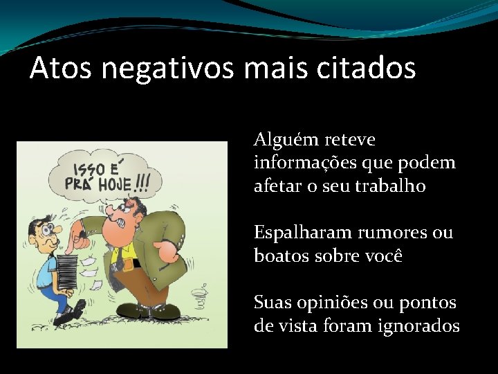 Atos negativos mais citados Alguém reteve informações que podem afetar o seu trabalho Espalharam