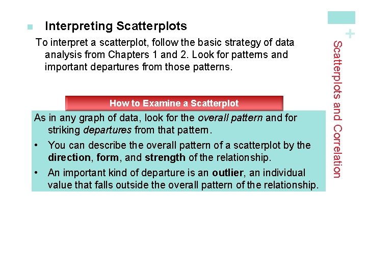 Interpreting Scatterplots How to Examine a Scatterplot As in any graph of data, look