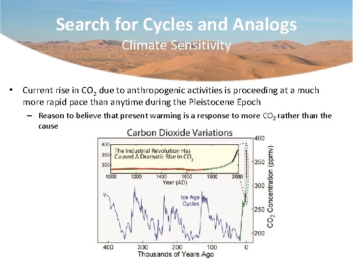 Search for Cycles and Analogs Climate Sensitivity • Current rise in CO 2 due
