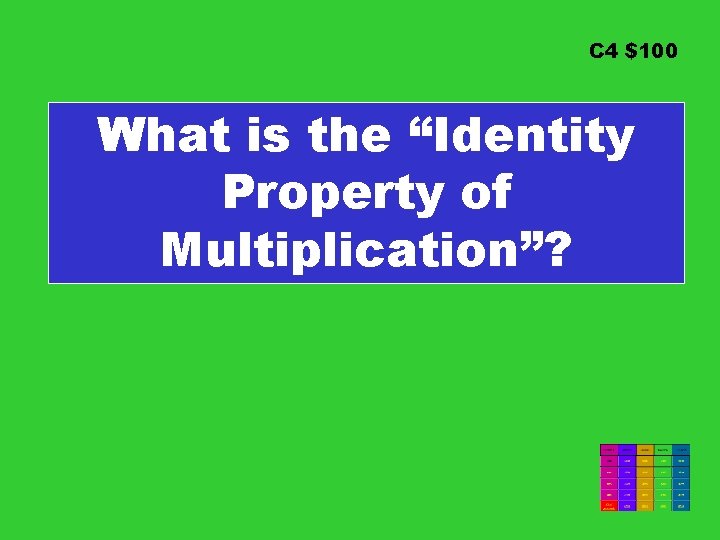 C 4 $100 What is the “Identity Property of Multiplication”? 