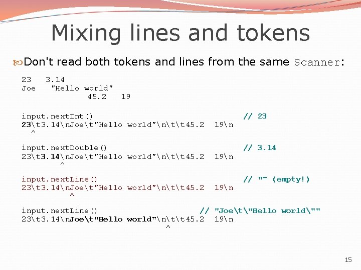 Mixing lines and tokens Don't read both tokens and lines from the same Scanner: