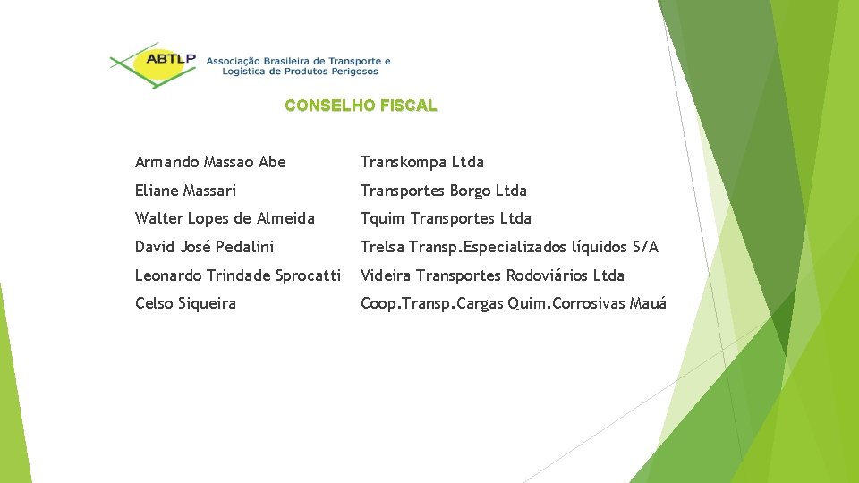 CONSELHO FISCAL Armando Massao Abe Transkompa Ltda Eliane Massari Transportes Borgo Ltda Walter Lopes