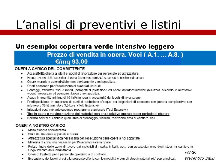 L’analisi di preventivi e listini Un esempio: copertura verde intensivo leggero Fonte: preventivo Daku