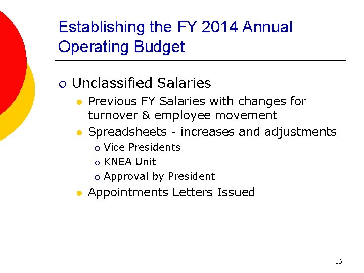 Establishing the FY 2014 Annual Operating Budget ¡ Unclassified Salaries l l Previous FY