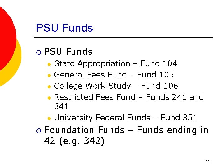 PSU Funds ¡ PSU Funds l l l ¡ State Appropriation – Fund 104