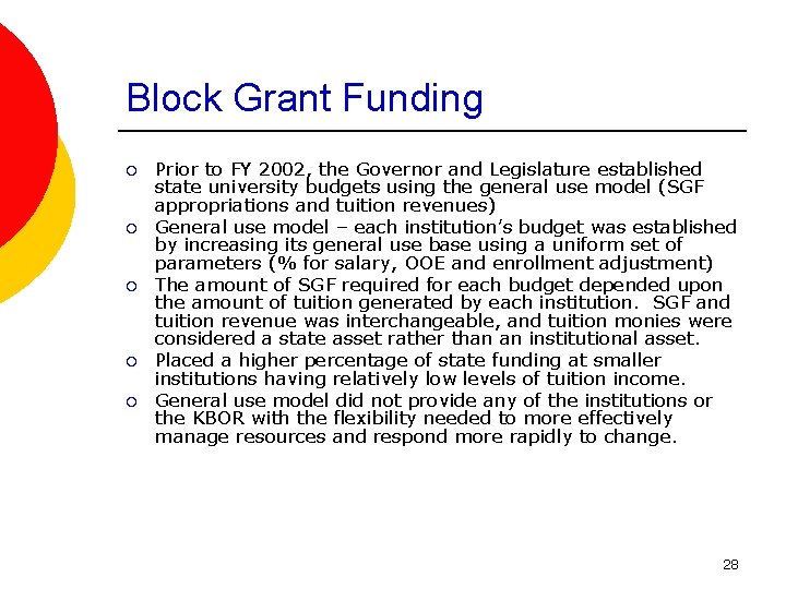 Block Grant Funding ¡ ¡ ¡ Prior to FY 2002, the Governor and Legislature