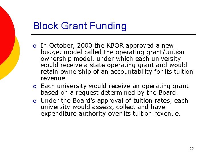 Block Grant Funding ¡ ¡ ¡ In October, 2000 the KBOR approved a new