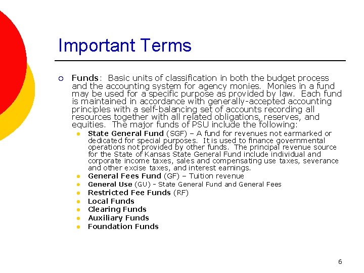 Important Terms ¡ Funds: Basic units of classification in both the budget process and