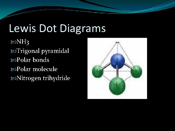 Lewis Dot Diagrams NH 3 Trigonal pyramidal Polar bonds Polar molecule Nitrogen trihydride 