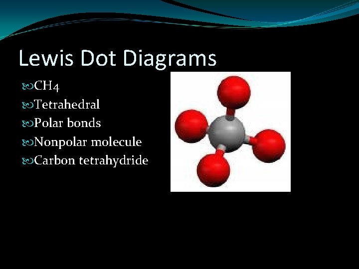 Lewis Dot Diagrams CH 4 Tetrahedral Polar bonds Nonpolar molecule Carbon tetrahydride 