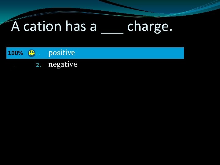 A cation has a ___ charge. 1. positive 2. negative 