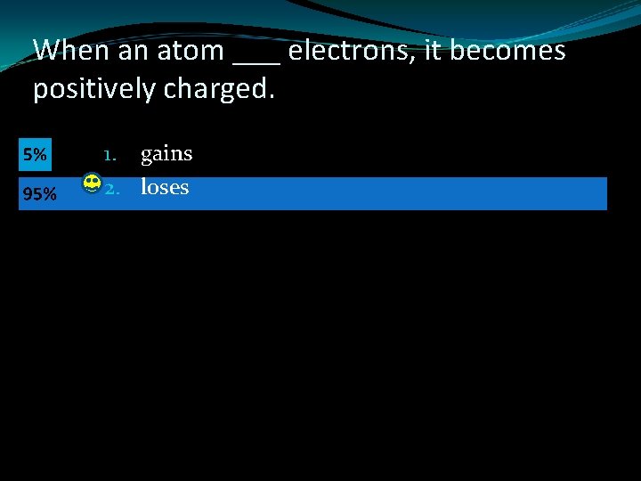 When an atom ___ electrons, it becomes positively charged. 1. gains 2. loses 