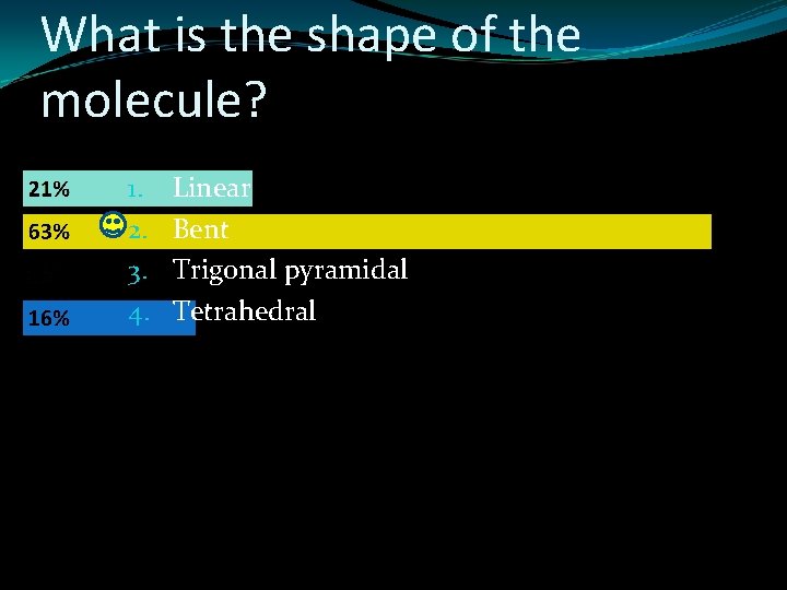 What is the shape of the molecule? 1. 2. 3. 4. Linear Bent Trigonal