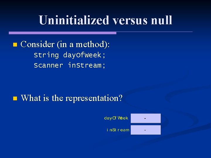 Uninitialized versus null n Consider (in a method): String day. Of. Week; Scanner in.