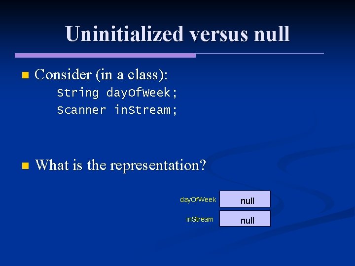 Uninitialized versus null n Consider (in a class): String day. Of. Week; Scanner in.