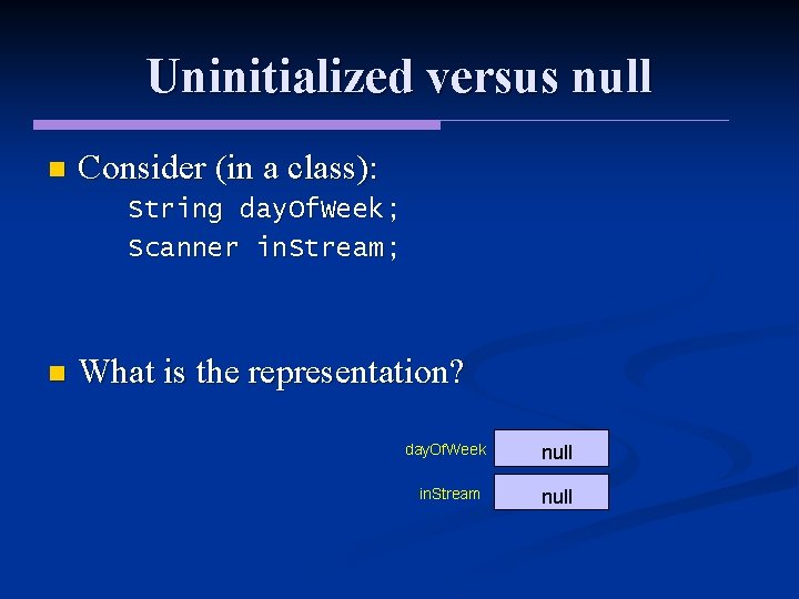 Uninitialized versus null n Consider (in a class): String day. Of. Week; Scanner in. Uninitialized versus null n Consider (in a class): String day. Of. Week; Scanner in.
