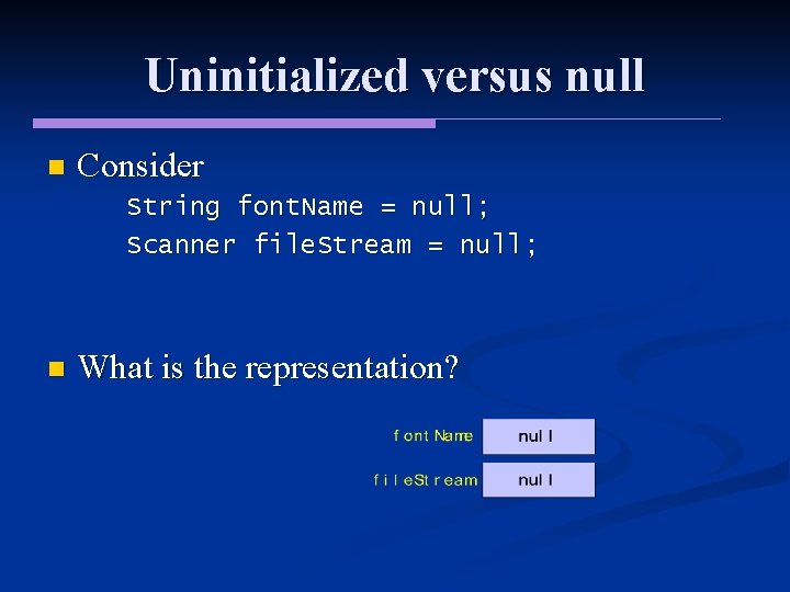 Uninitialized versus null n Consider String font. Name = null; Scanner file. Stream = Uninitialized versus null n Consider String font. Name = null; Scanner file. Stream =