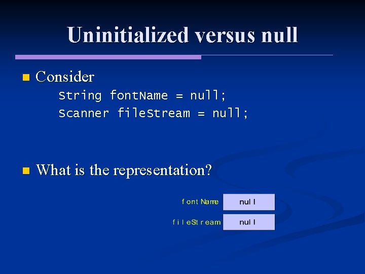 Uninitialized versus null n Consider String font. Name = null; Scanner file. Stream =