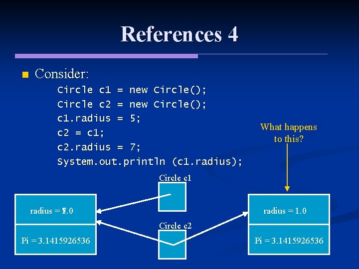 References 4 n Consider: Circle c 1 = new Circle(); Circle c 2 = References 4 n Consider: Circle c 1 = new Circle(); Circle c 2 =