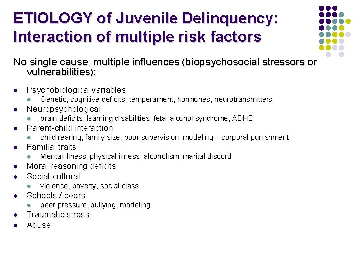 ETIOLOGY of Juvenile Delinquency: Interaction of multiple risk factors No single cause; multiple influences ETIOLOGY of Juvenile Delinquency: Interaction of multiple risk factors No single cause; multiple influences