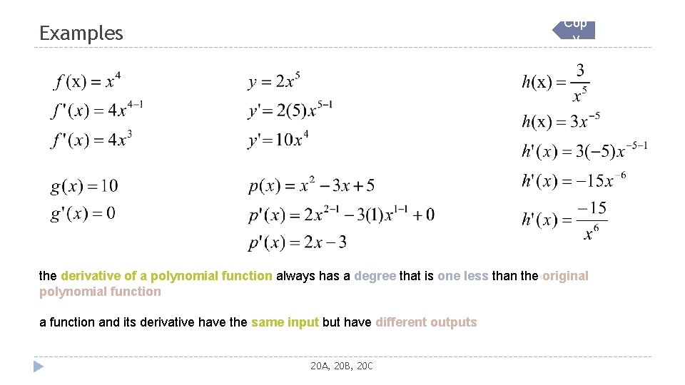 Cop y Examples the derivative of a polynomial function always has a degree that