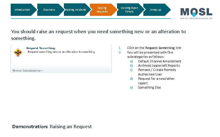 Introduction Overview Raising Incidents Raising Requests Viewing Open Tickets Wrap-up You should raise an Introduction Overview Raising Incidents Raising Requests Viewing Open Tickets Wrap-up You should raise an