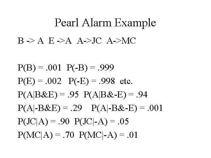 Pearl Alarm Example B -> A E ->A A->JC A->MC P(B) =. 001 P(-B)