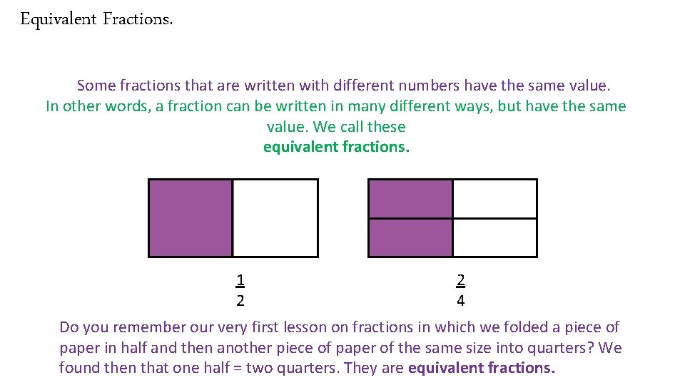 Equivalent Fractions. Some fractions that are written with different numbers have the same value.