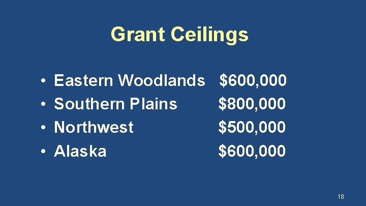 Grant Ceilings • • Eastern Woodlands Southern Plains Northwest Alaska $600, 000 $800, 000