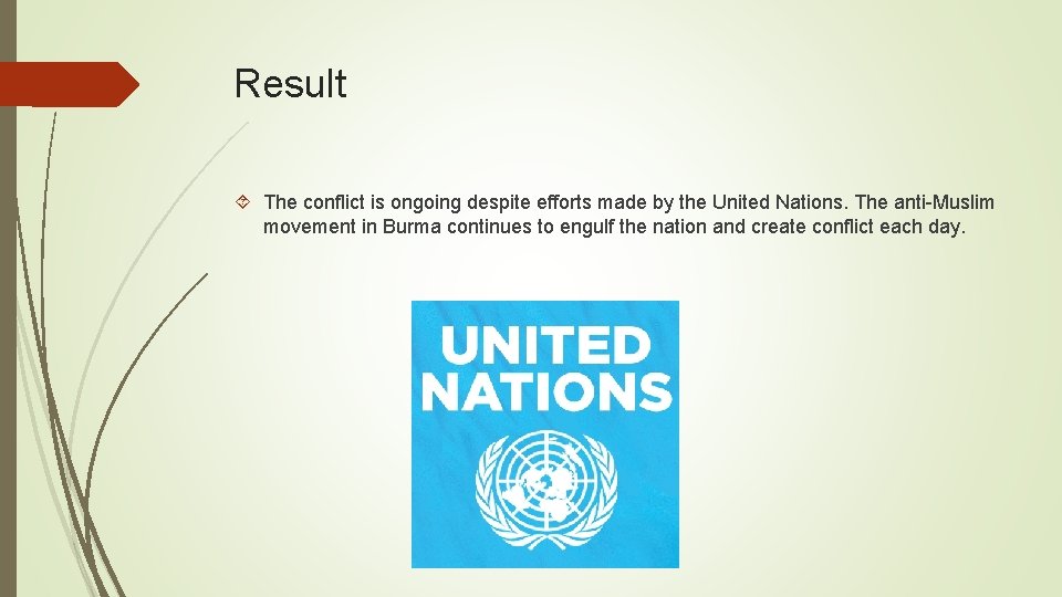 Result The conflict is ongoing despite efforts made by the United Nations. The anti-Muslim